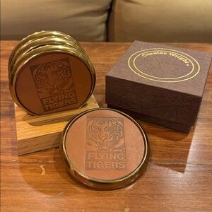 NIB BTS Solid Brass Leather 4 Coasters Wood Base Cork Backed Flying Tigers Box